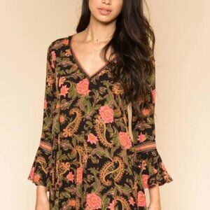 Spell Women's XXS Etienne Playdress Noir V-Neck Floral Paisley Bohemian